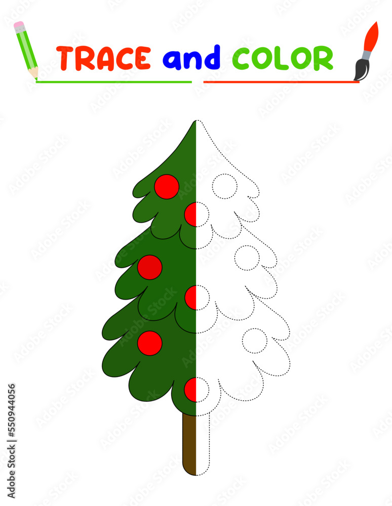 Trace and color the christmas tree. A training sheet for preschool ...