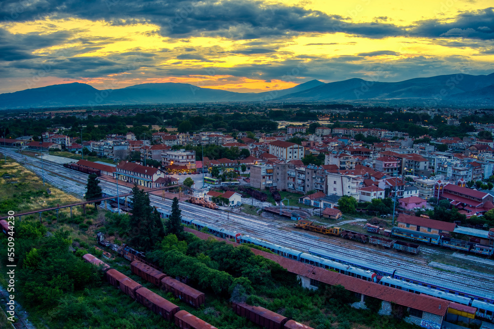 Drama railway station at sunset, northern Greece