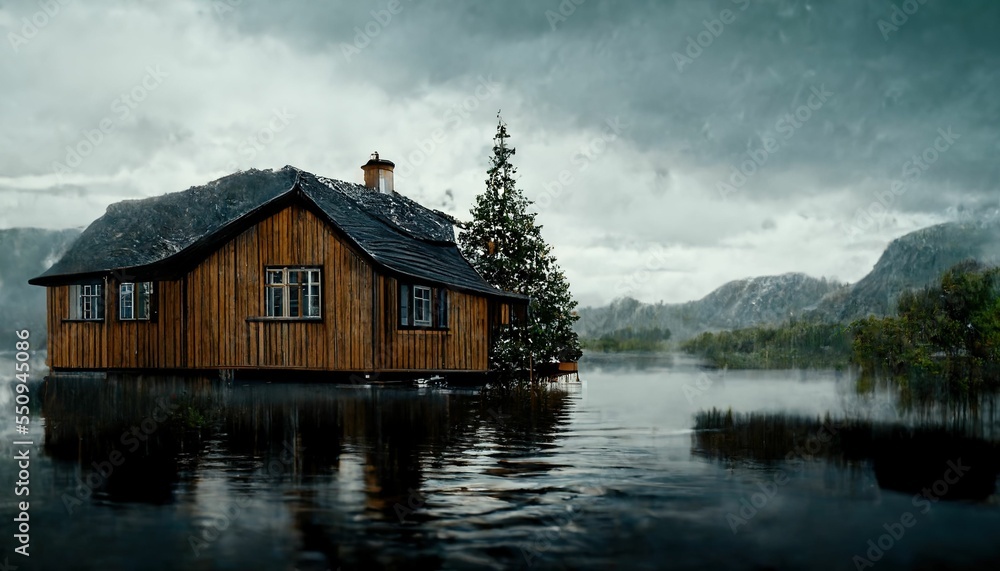 Solitary house floating on the lake surrounded by lush forest in autumn, 3d illustration