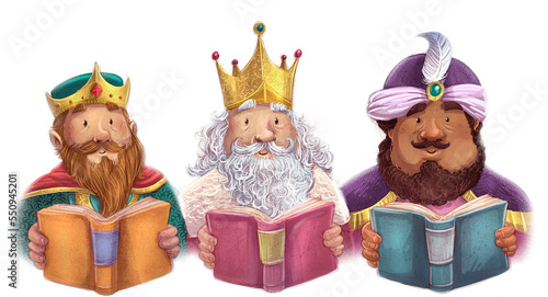 Fotografie Illustration of wise men reading books at christmas