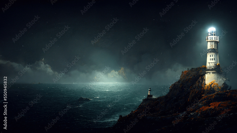 Storm with big waves over the lighthouse at the ocean coast