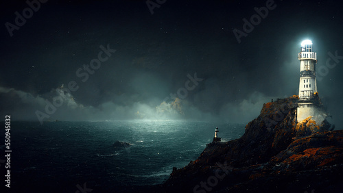 Fotografia Storm with big waves over the lighthouse at the ocean coast