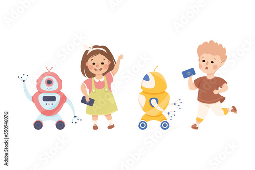 Little Boy and Girl with Robot Engineering Smart Technology and Artificial Intelligence Vector Set