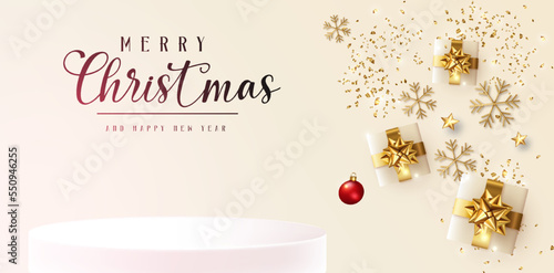 Merry Christmas golden banner winter landscape background product display cylindrical shape