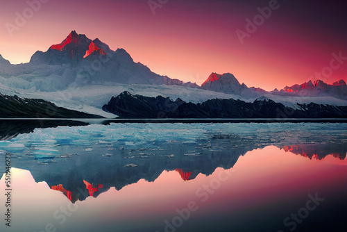 Panoramic landscape with lake view, mountain peaks at dawn, countryside in winter