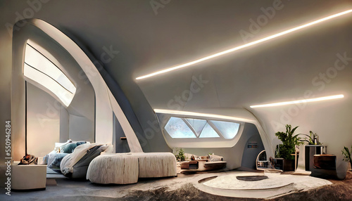 Futuristic bedroom, luxurious room with round shapes and soft light