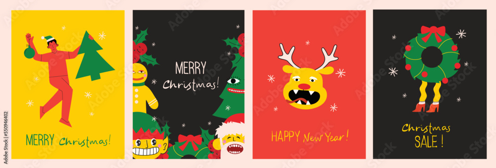 Fototapeta premium Merry Christmas and Happy New Year Set of greeting cards, posters, holiday covers. Modern Xmas design in green, red, yellow and white colors. Christmas tree, balls, fir branches, gifts elements