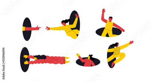 Search, explore concept. Different people coming, flying, jumping, looking through and out of holes. Happy enthusiastic funny men and women. Graphic vector illustration