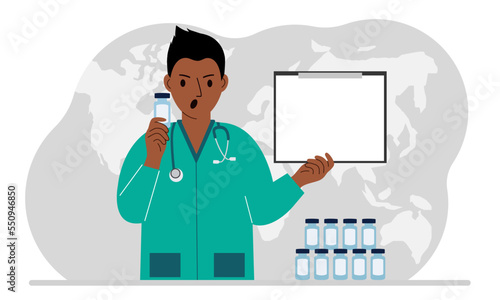 Pandemic, vaccination and health concept. Doctor with a bottle of vaccine. Vector flat illustration.