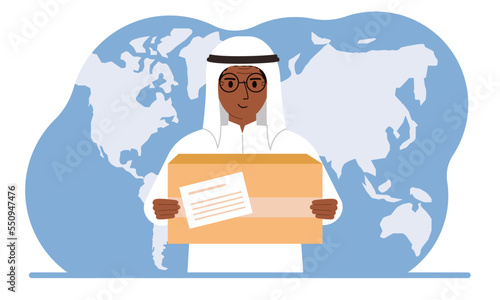 Male courier in uniform holding a box. The concept of delivering parcels around the world.