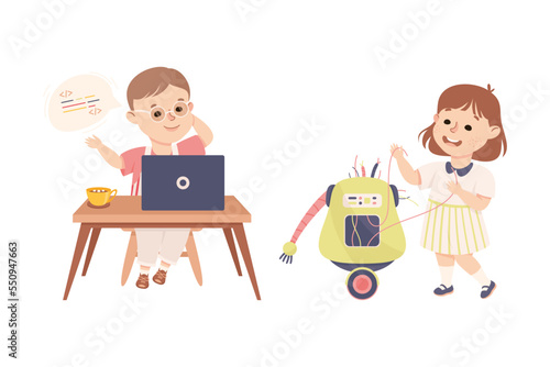 Little Boy and Girl Assembling Robot Engineering Smart Technology and Artificial Intelligence Vector Set