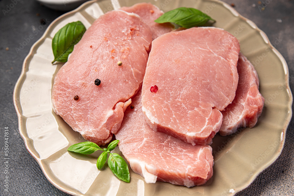 pork raw meat cuts steak slices fresh snack meal food snack on the table copy space food background rustic top view pork raw meat cuts steak slices fresh snack meal food snack on the table copy space food background rustic top view