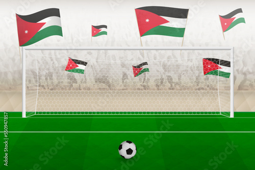 Jordan football team fans with flags of Jordan cheering on stadium, penalty kick concept in a soccer match.