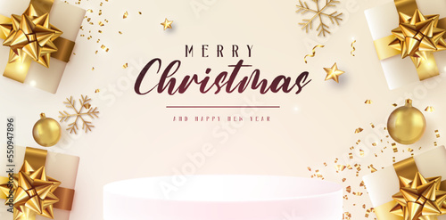 Christmas Decorative banner with product display cylindrical shape and Festive Elements Background. Merry Christmas vector text Calligraphic Lettering Vector illustration.