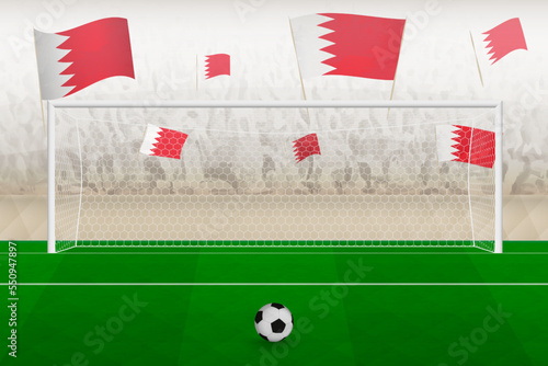 Bahrain football team fans with flags of Bahrain cheering on stadium, penalty kick concept in a soccer match.