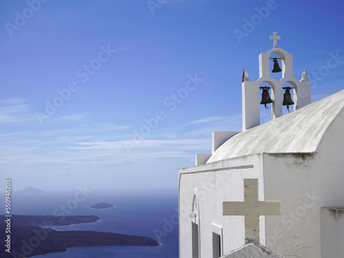 The Santorini church and view of the caldera, Greece