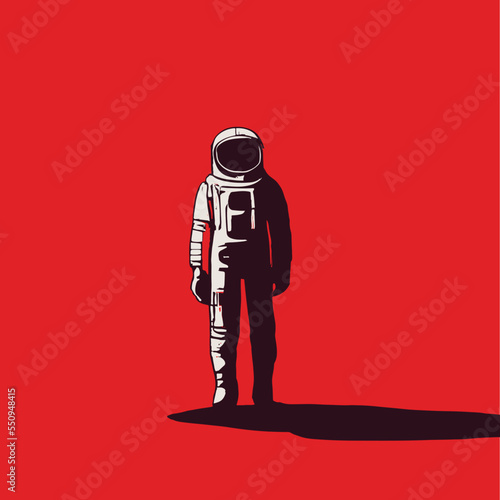 A lost and lonely astronaut in his space suit standing on a red background.