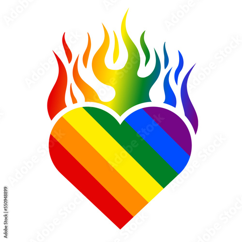 Heart on fire. Rainbow LGBT colors. Vector illustration for free fiery love. Symbol of tolerance and love relationships.
