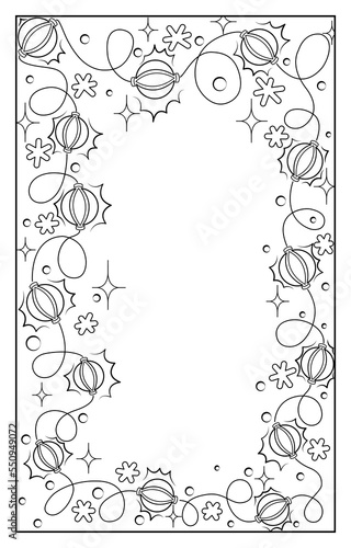 Festive frame from a garland of black and white glowing lanterns, snowflakes and sparks.