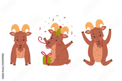 Urial Character as Wild Mountain Sheep with Horns Blowing Whistle and Jumping Vector Set