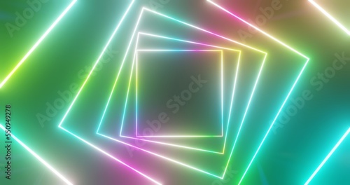Abstract geometric pattern of glowing colorful neon squares in dark background 3d rendering