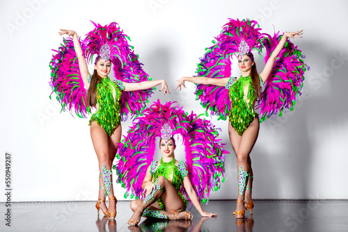 Three young brunette girls dancers in carnival costumes of green and pink feathers pose on a white background © Марина Десятниченко