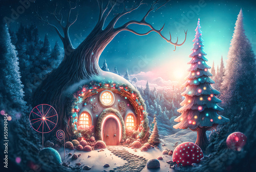 A beautiful Merry Christmas themed festive night scene in winter. A Happy New Year and Christmas Wallpaper. A Generative AI Digital Illustration. 
