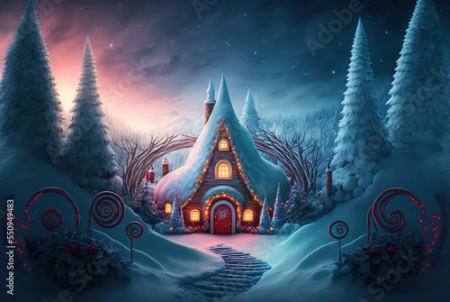 A beautiful Merry Christmas themed festive night scene in winter. A Happy New Year and Christmas Wallpaper. A Generative AI Digital Illustration. 