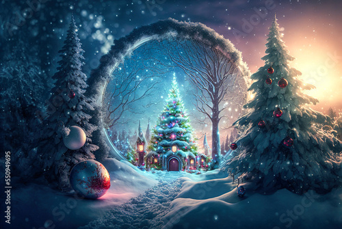 A beautiful Merry Christmas themed festive night scene in winter. A Happy New Year and Christmas Wallpaper. A Generative AI Digital Illustration.