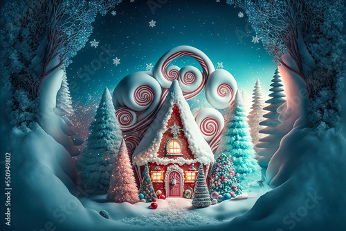 A beautiful Merry Christmas themed festive night scene in winter. A Happy New Year and Christmas Wallpaper. A Generative AI Digital Illustration.