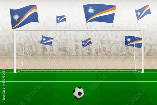 Marshall Islands football team fans with flags of Marshall Islands cheering on stadium, penalty kick concept in a soccer match.