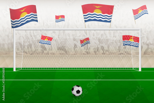Kiribati football team fans with flags of Kiribati cheering on stadium, penalty kick concept in a soccer match.
