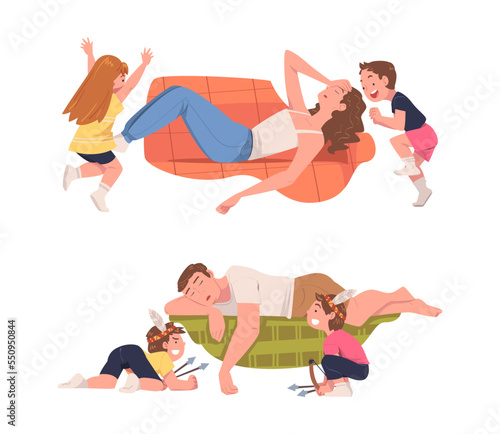 Tired Mom and Dad Exhausted with Noisy and Energetic Kids Playing Around Vector Set