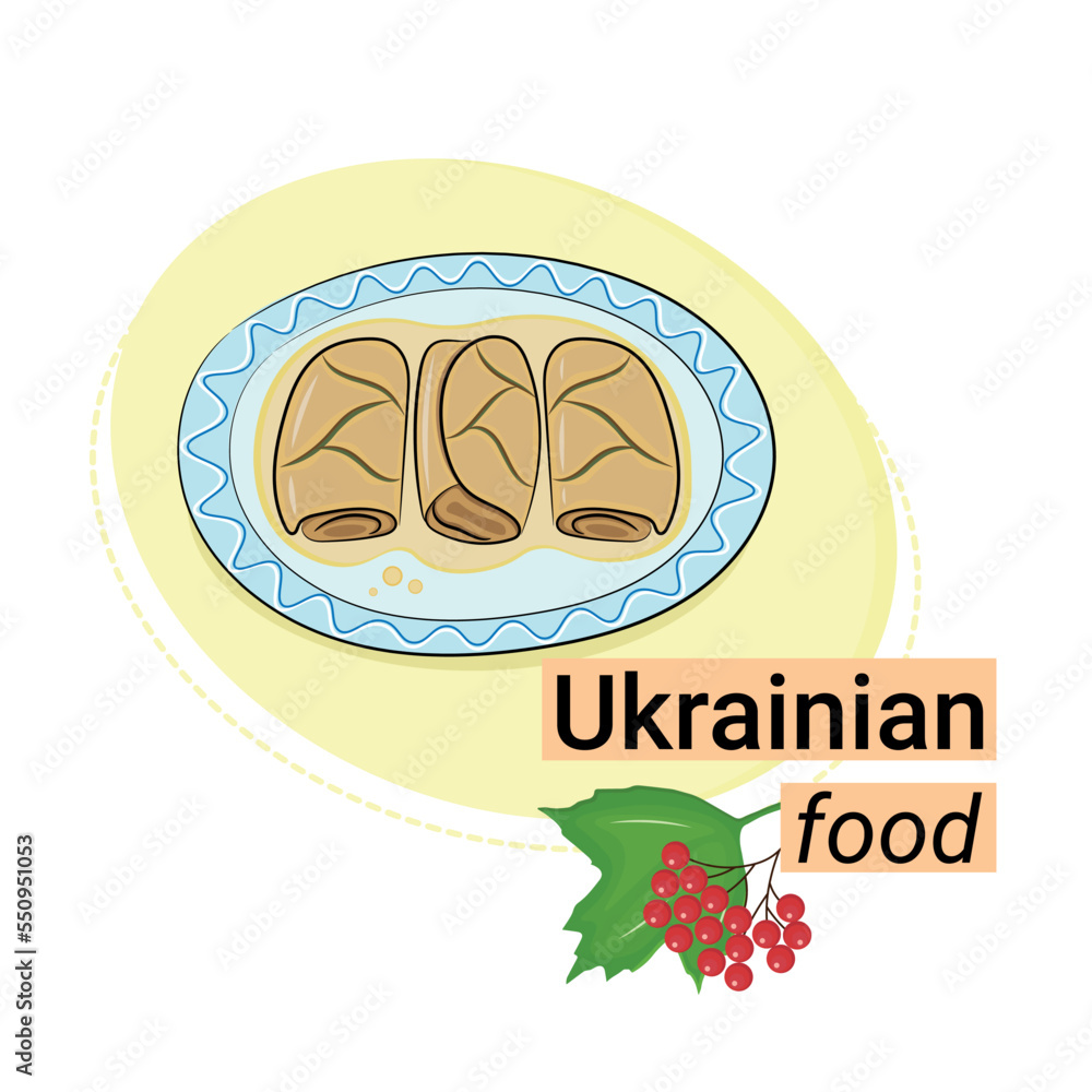 Cabbage rolls, flat vector, isolate on white, inscription Ukrainian food, sticker Cabbage rolls, flat vector, isolate on white, inscription Ukrainian food, sticker