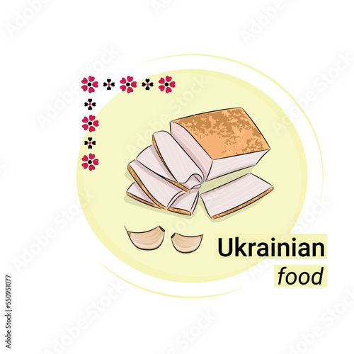 Dish of national Ukrainian cuisine, salo, garlic, embroidery element, flat vector, isolate on white, inscription Ukrainian food