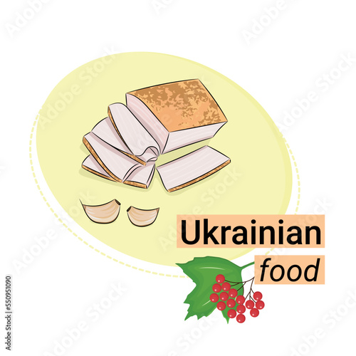 Dish of national Ukrainian cuisine, salo, garlic, flat vector, isolate on white, inscription Ukrainian food, viburnum branch
