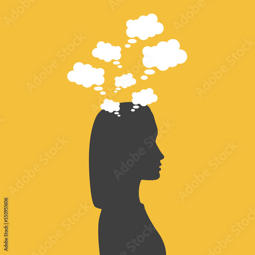 Woman with intrusive thoughts. Speech bubbles in her head - metaphor of obsessions, ADHD, OCD and other mental disorders.