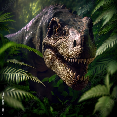 Dinosaurs hiding in the jungle foliage  photorealistic ai generated illustration