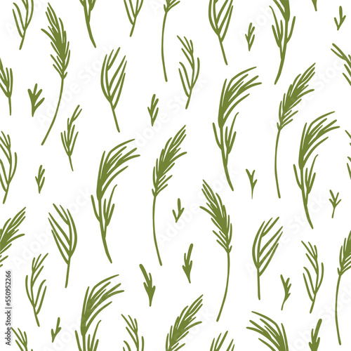 Seamless pattern with pine tree leaves. Hand drawn background vector illustration. 