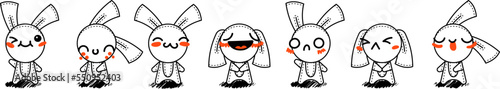 Outline Cartoon Rabbits. Emoticons, doodle faces, eyes and mouth. Caricature comic expressive emotions, smiling, crying and surprised character face expressions