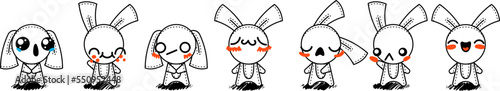 Outline Cartoon Rabbits. Emoticons, doodle faces, eyes and mouth. Caricature comic expressive emotions, smiling, crying and surprised character face expressions