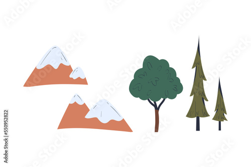 Mountains and Green Tree with Trunk and Lush Crown as Forest Element Vector Set