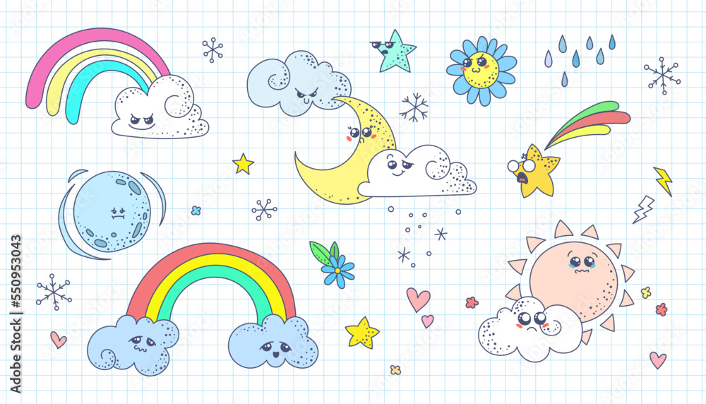 Cute doodle weather set. Kawaii emotional weather forecast. Cute sun, moon and happy clouds Cute doodle weather set. Kawaii emotional weather forecast. Cute sun, moon and happy clouds
