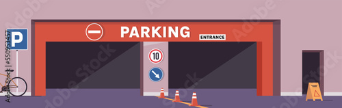 Car parking entrance and striped cones, city infrastructure, vehicle entrance at mall underground garage flat vector illustration.