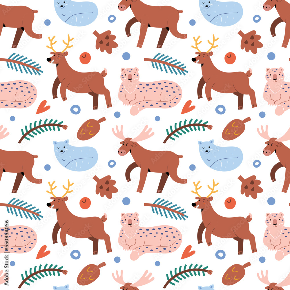 Fototapeta premium North forest animals pattern, cute reindeer, funny moose and white arctic fox, adorable snow leopard, hand drawn Scandinavian mammals, seamless background, Christmas print for children, wrapping paper