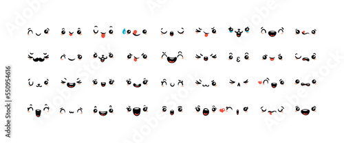 Various Cartoon Emoticons Set. Doodle faces, eyes and mouth. Caricature comic expressive emotions, smiling, crying and surprised character face expressions