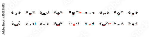 Fototapeta Naklejka Na Ścianę i Meble -  Various Cartoon Emoticons Set. Doodle faces, eyes and mouth. Caricature comic expressive emotions, smiling, crying and surprised character face expressions
