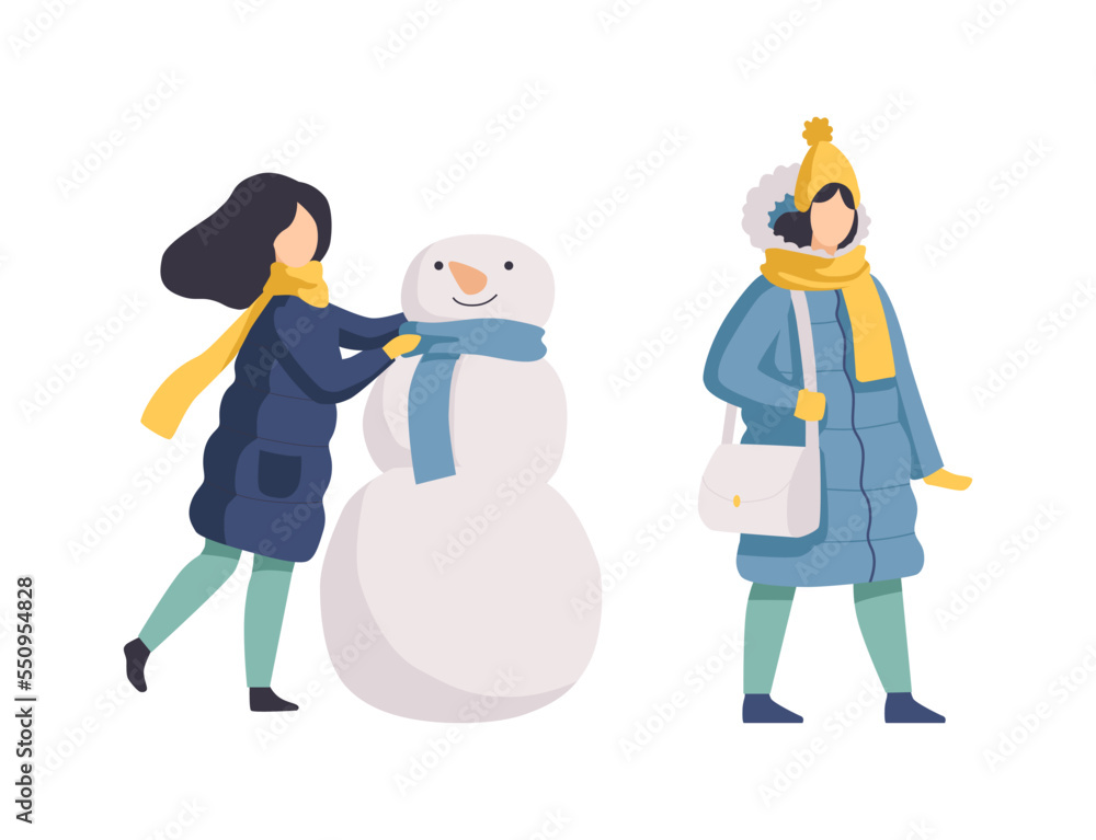 Fototapeta premium Young Woman Enjoying Winter Building Snowman and Walking in Warm Clothes Vector Set