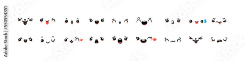 Various Cartoon Emoticons Set. Doodle faces, eyes and mouth. Caricature comic expressive emotions, smiling, crying and surprised character face expressions