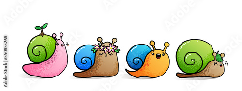 Kawaii snail character with shell and cartoon snailfish or snail-like mollusk. Kids illustration, set of lovely snail-paced slugs with random emoji, isolated on white background